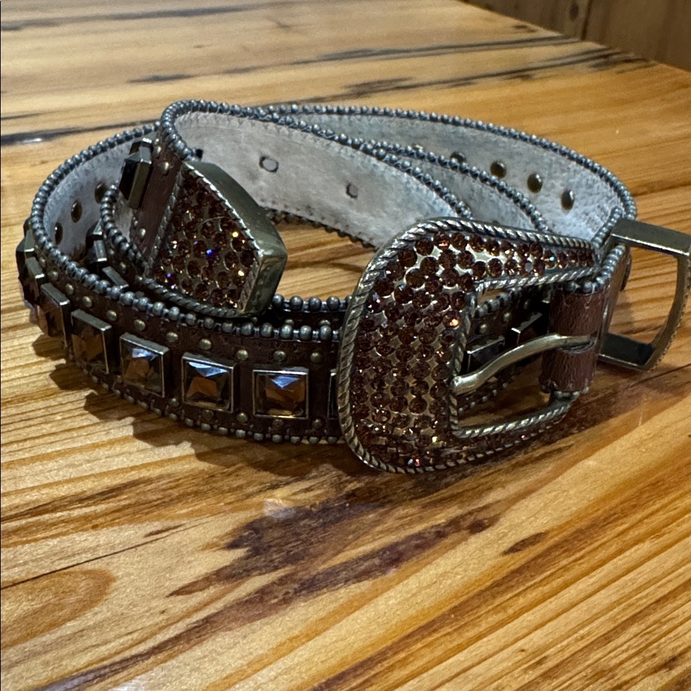 Studded Brown Belt with Rhinestone Buckle